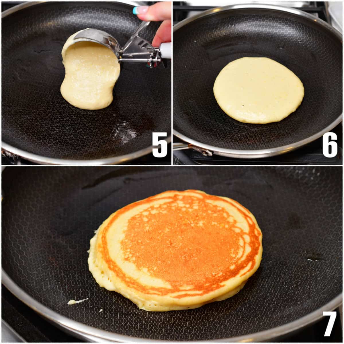 Collage of three images of scooping pancakes into a pan and cooking them.
