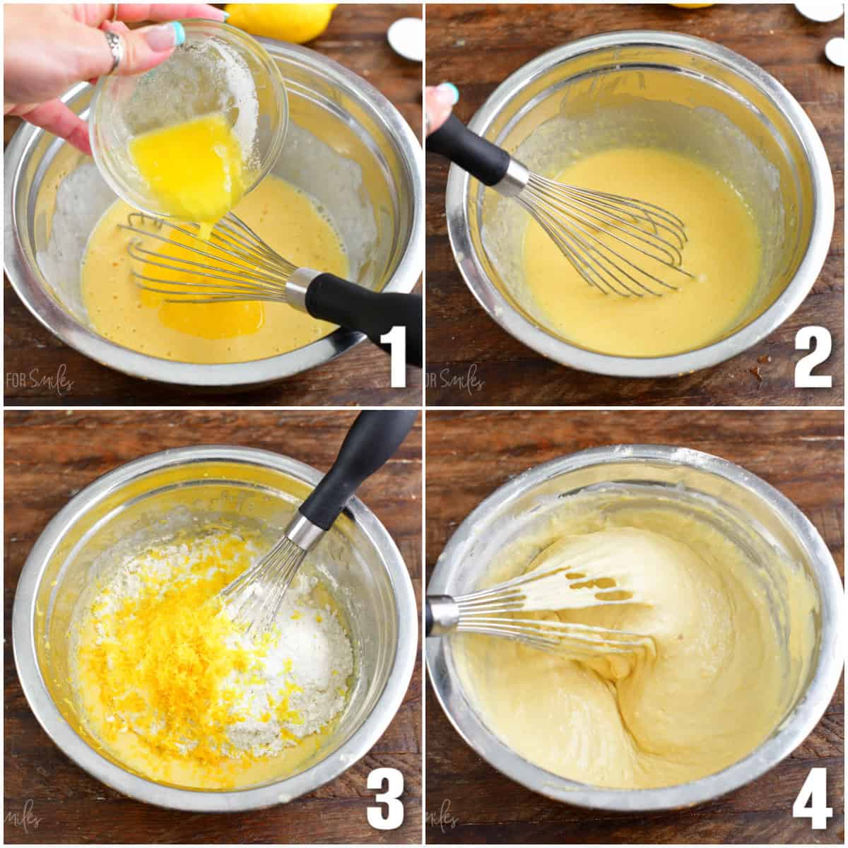 Collage of four images of mixing the batter for lemon pancakes.