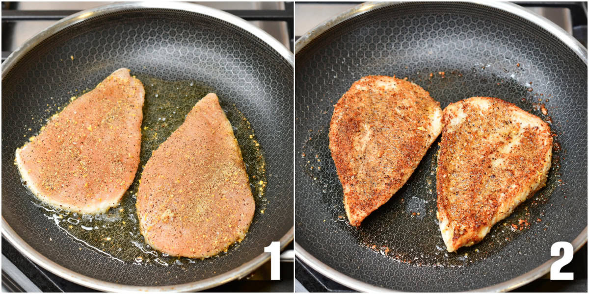 Collage of two images of cooking lemon pepper chicken in a pan.