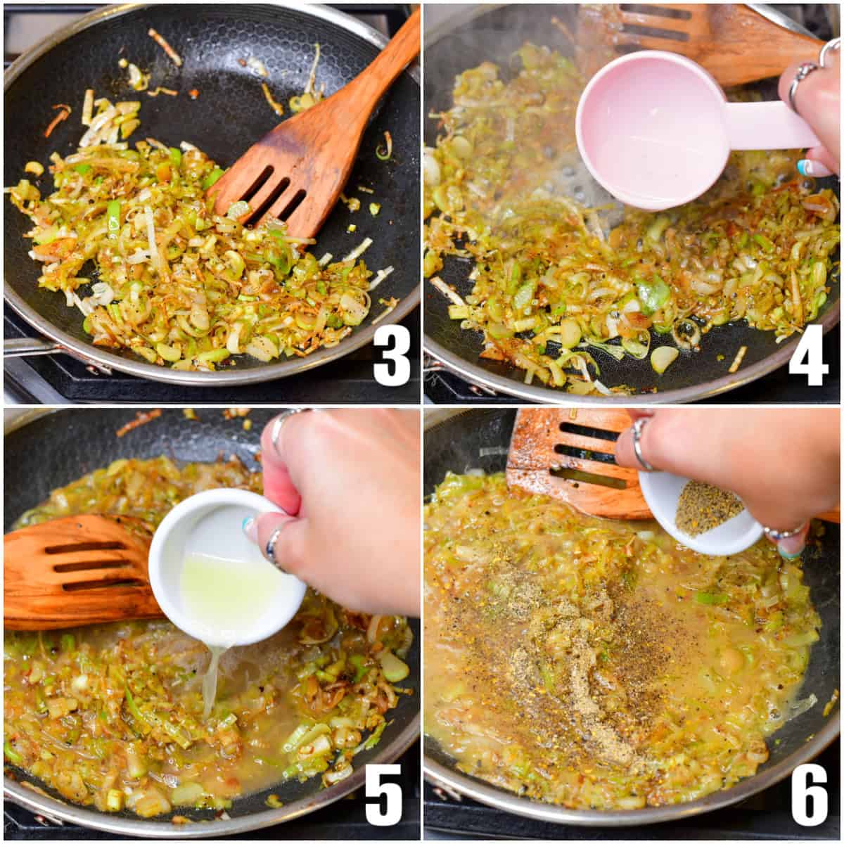 Collage of four images of making lemon pepper chicken pasta sauce.