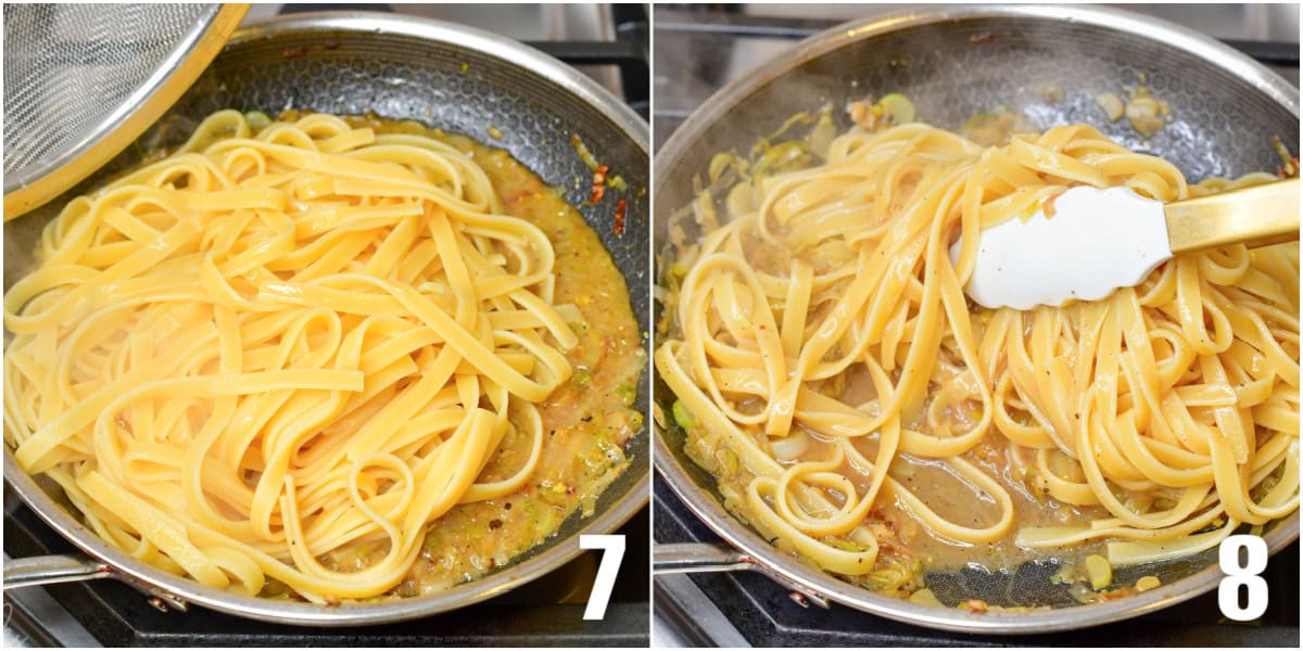 Collage of two images of mixing the pasta with sauce in a pan.