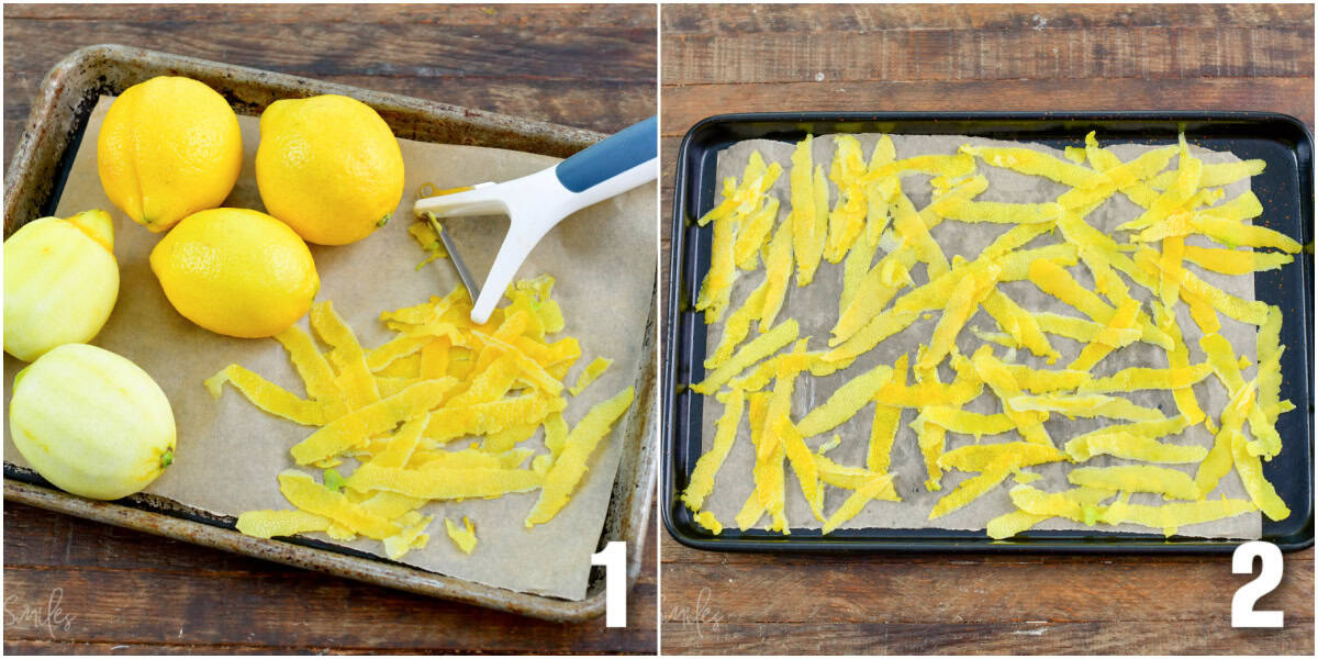 Collage of two images of lemon peels on a wax paper lined baking sheet.