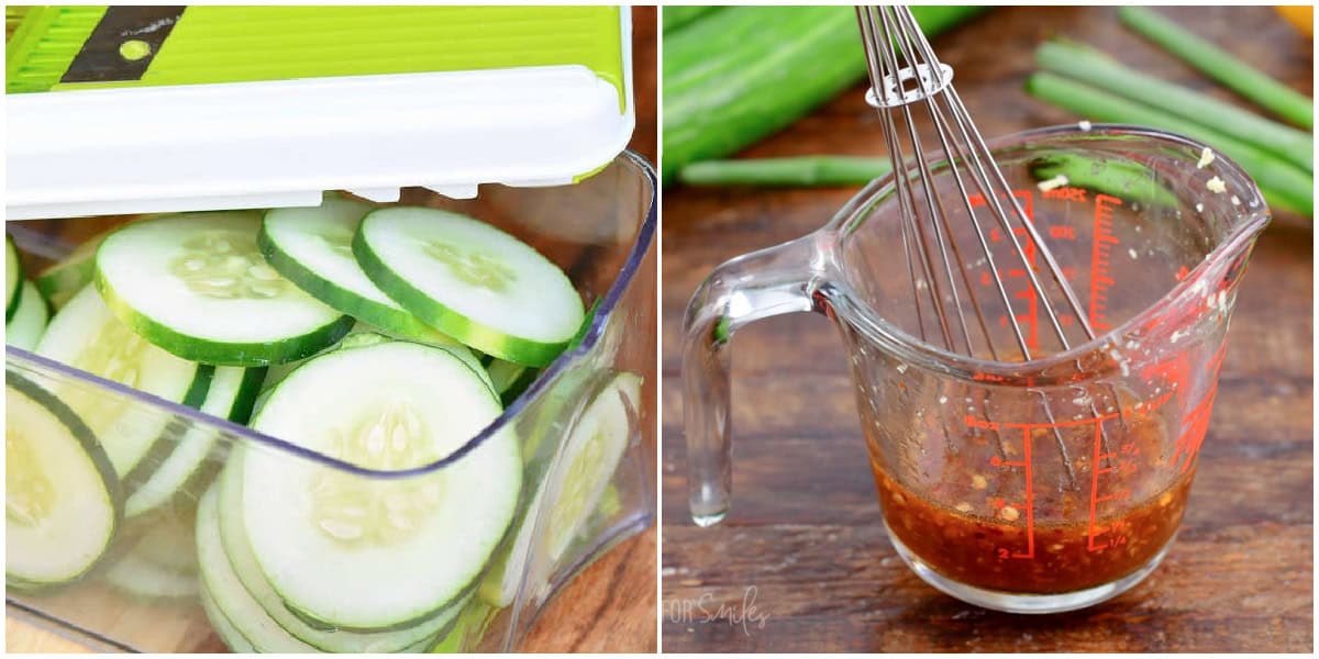 sliced cucumbers in a mandoline slicer and sesame ginger dressing in a measuring cup with a metal whisk on a wood surface.