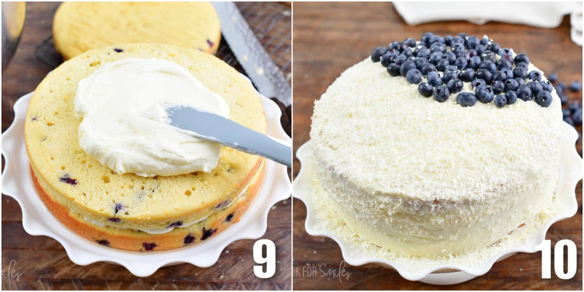 Collage of two images of frosting blueberry cake and adding blueberries to the top.