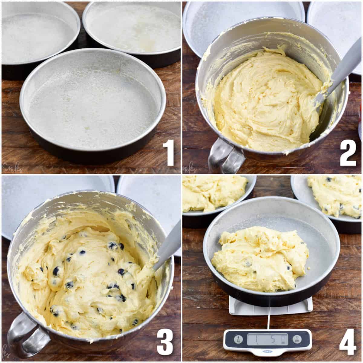 collage of four images showing steps of how to prepare batter and scoop it into a pan.