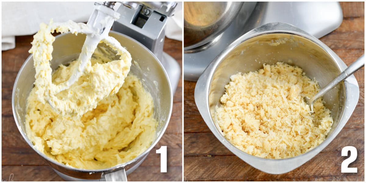 Collage of two images of making coconut coffee cake batter and crumble.