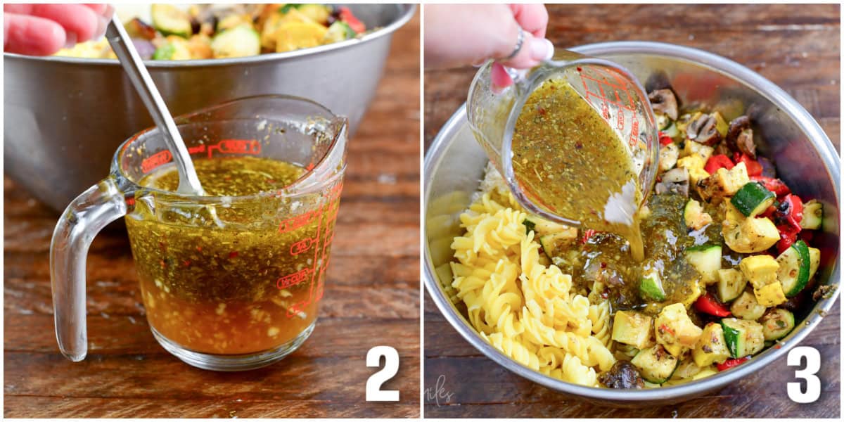 Collage of two images dressing in a measuring cup and pouring the dressing into a bowl with pasta and vegetables.