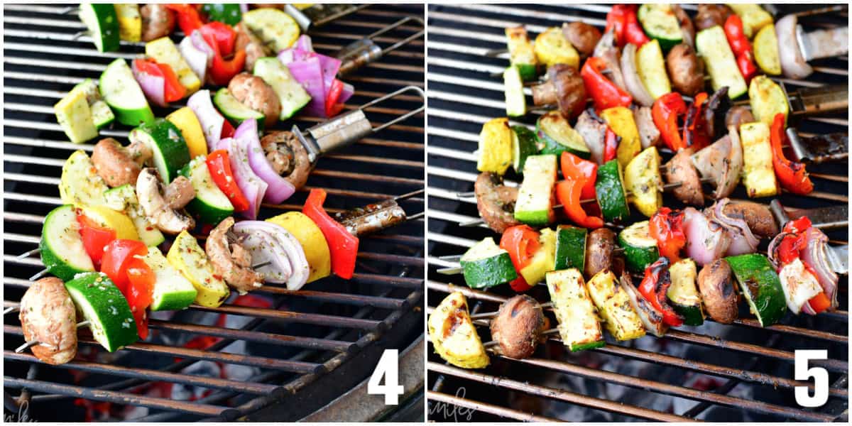 Italian vegetable on skewers being cooked on the grill.