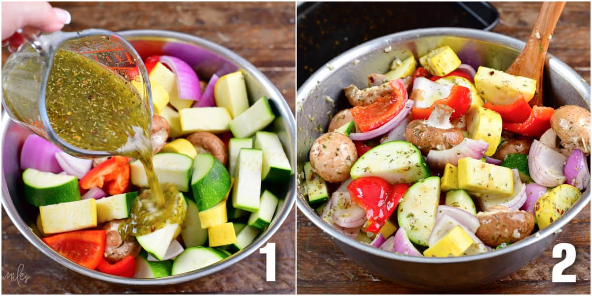 Collage of Italian vegetables in a bowl pouring in the marinade and covered in marinade.