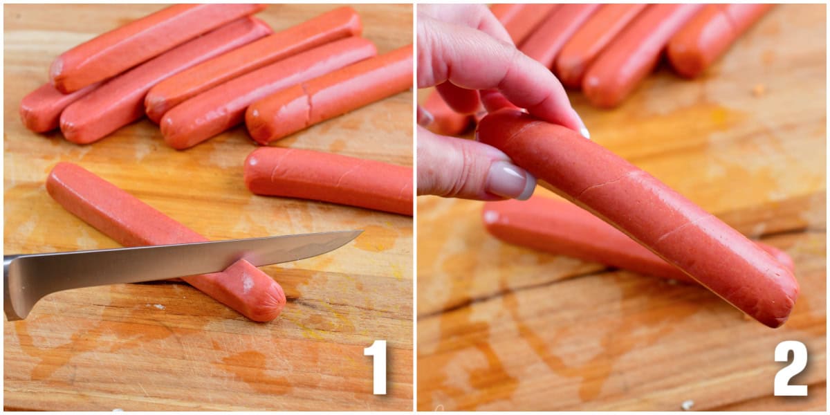 Collage of two images of hotdogs on a wood cutting board and slicing hotdogs into a spiral.