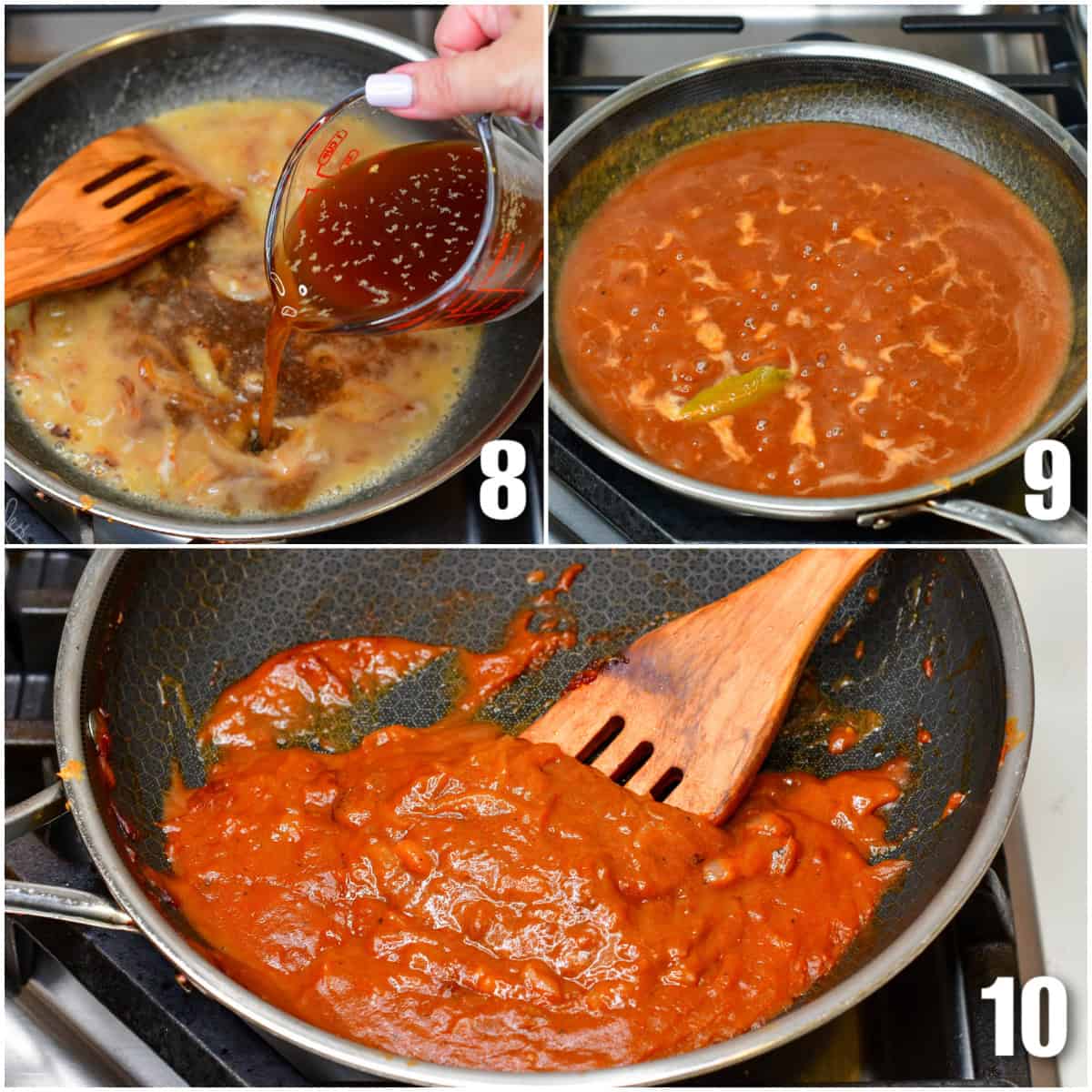 collage of three images of making the whiskey sauce on a pan.