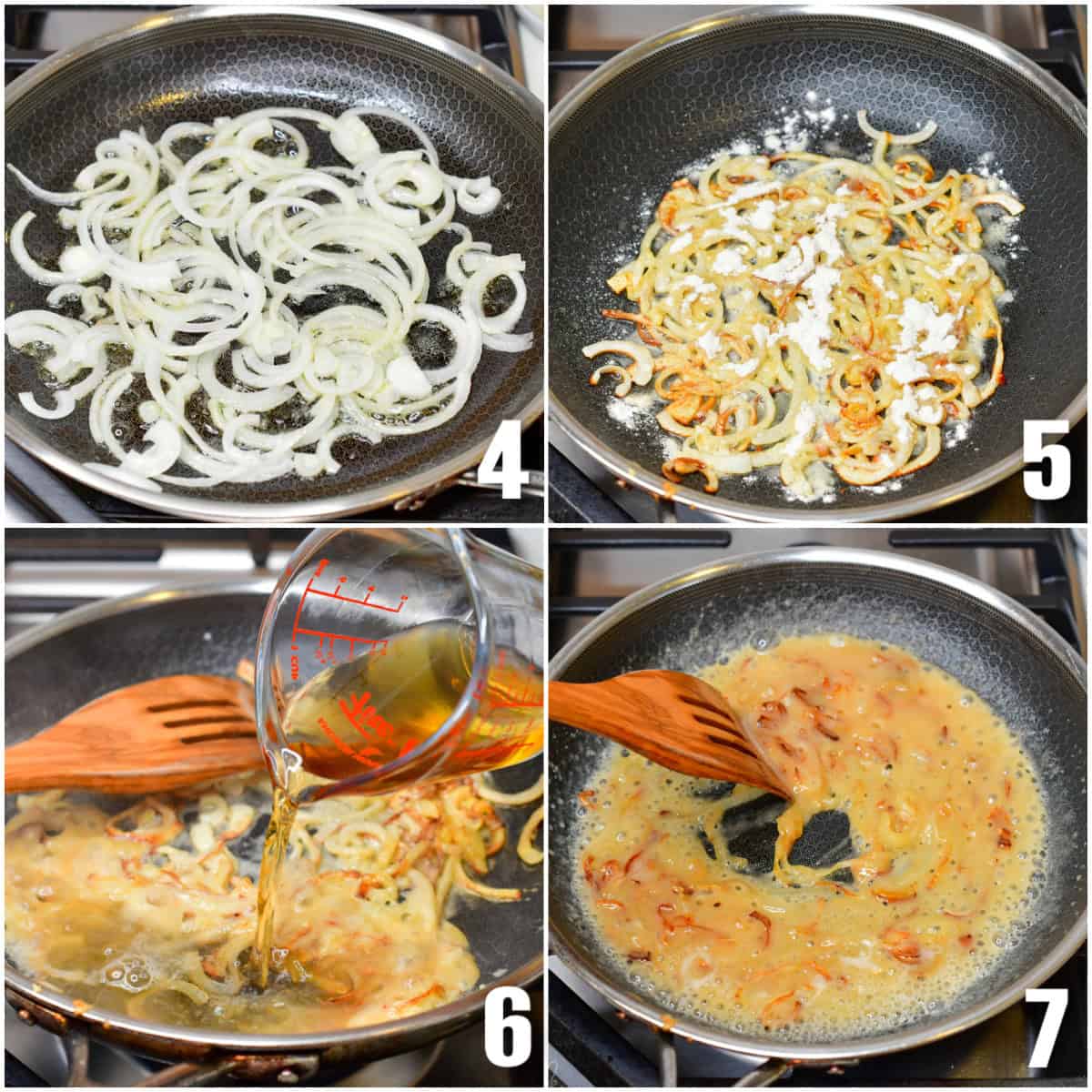 collage of four images of cooking onions in a pan, adding flour, pouring in whiskey, and stirring.