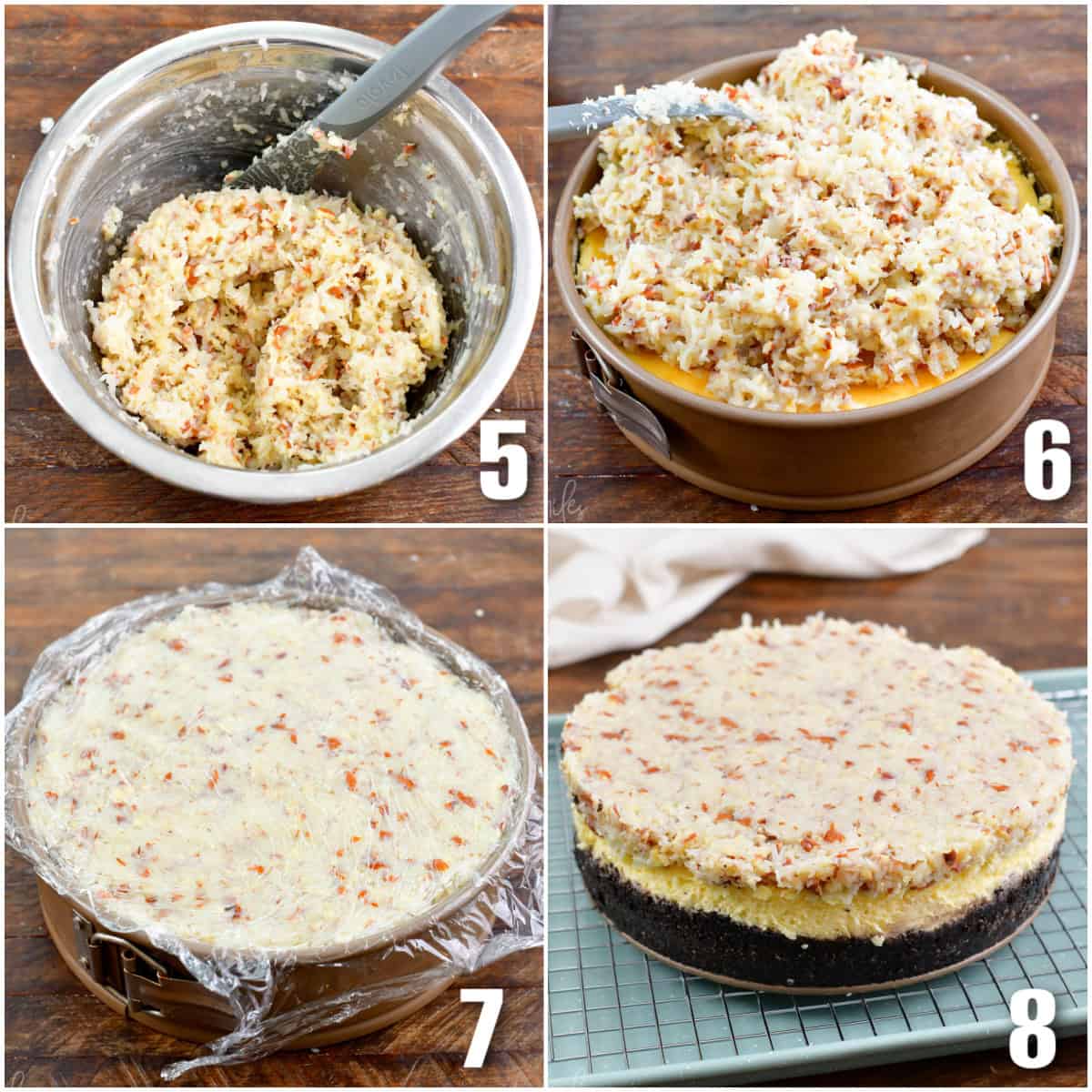 Collage of four images of coconut topping in a bowl and then adding it to the top of the cheesecake.