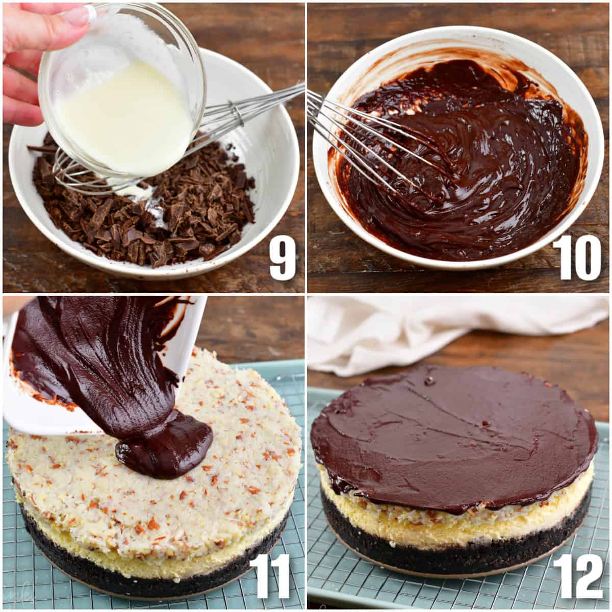 Collage of four images of a melting chocolate in a bowl and making a ganache and adding to cheesecake.