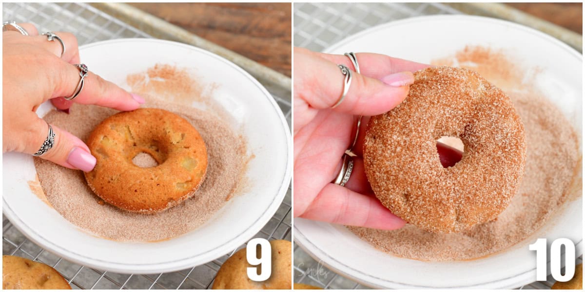 Collage of two images of dipping donut into cinnamon sugar.