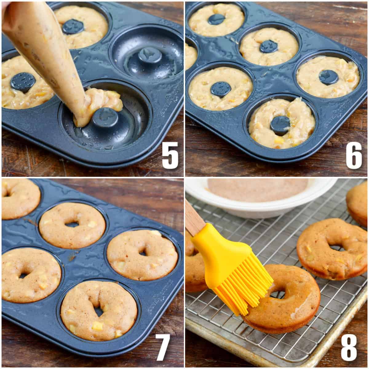 Collage of four images of adding apple pie donut batter to donut pan and brushing the tops with butter.