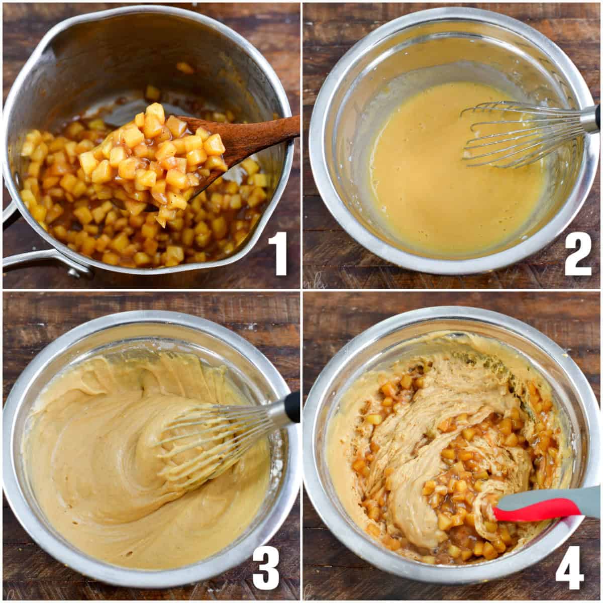 Collage of four images of mixing apple pie mixture into donut batter.