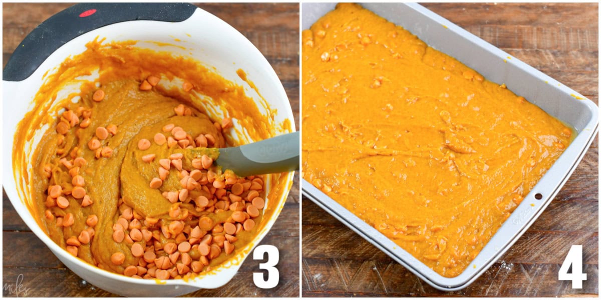 collage of two images of mixing the caramel chips into batter and pouring batter into a pan.