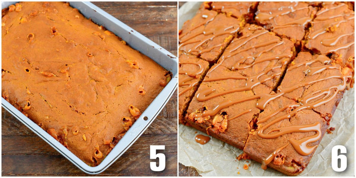 collage of two images of blondies baked in a pan and out o of the pan with caramel drizzled over top.