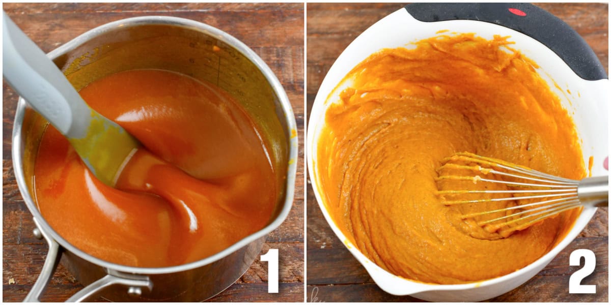 collage of two images of warmed butter and pumpkin mixture and prepare batter.