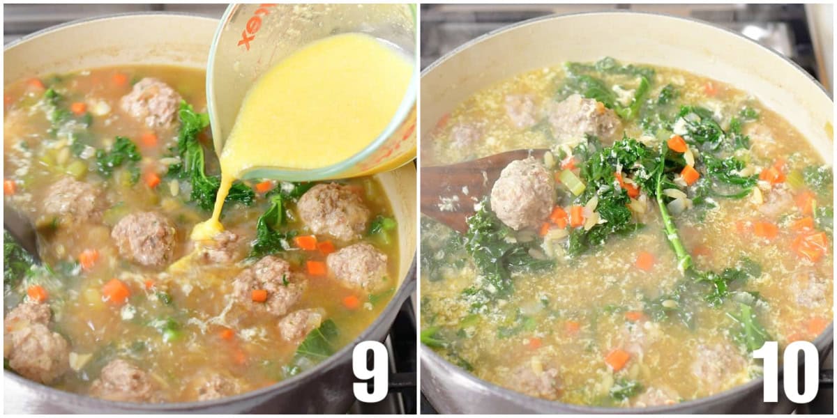 collage of two images of adding in the egg mixture and finishing the soup.