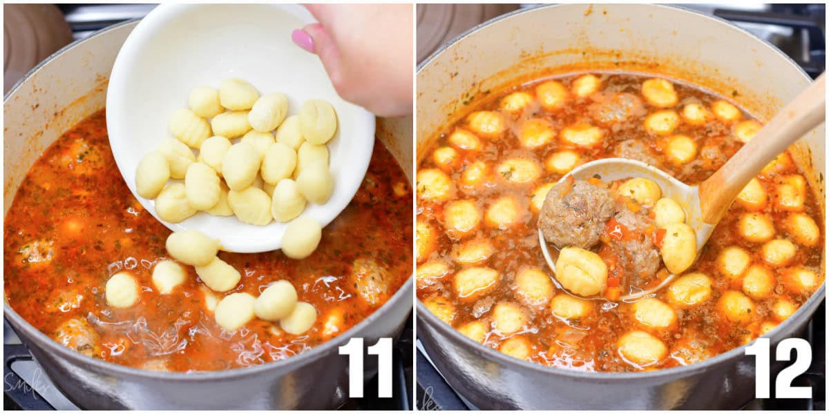 collage of two images of adding gnocchi and scooping soup out with a ladle.