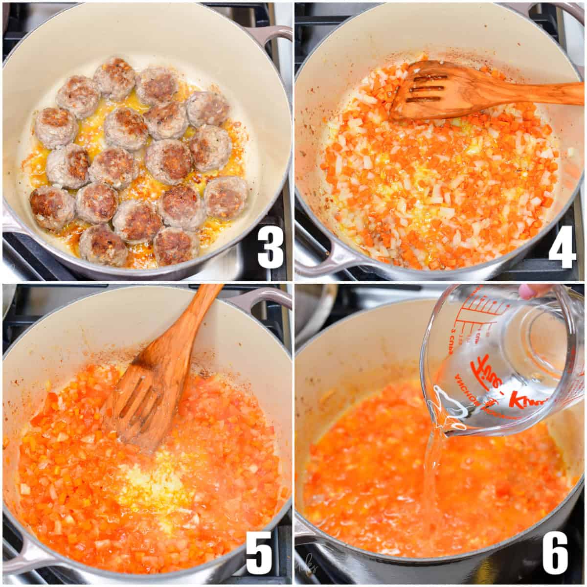 collage of four images of cooking meatballs and cooking veggies in a pot.