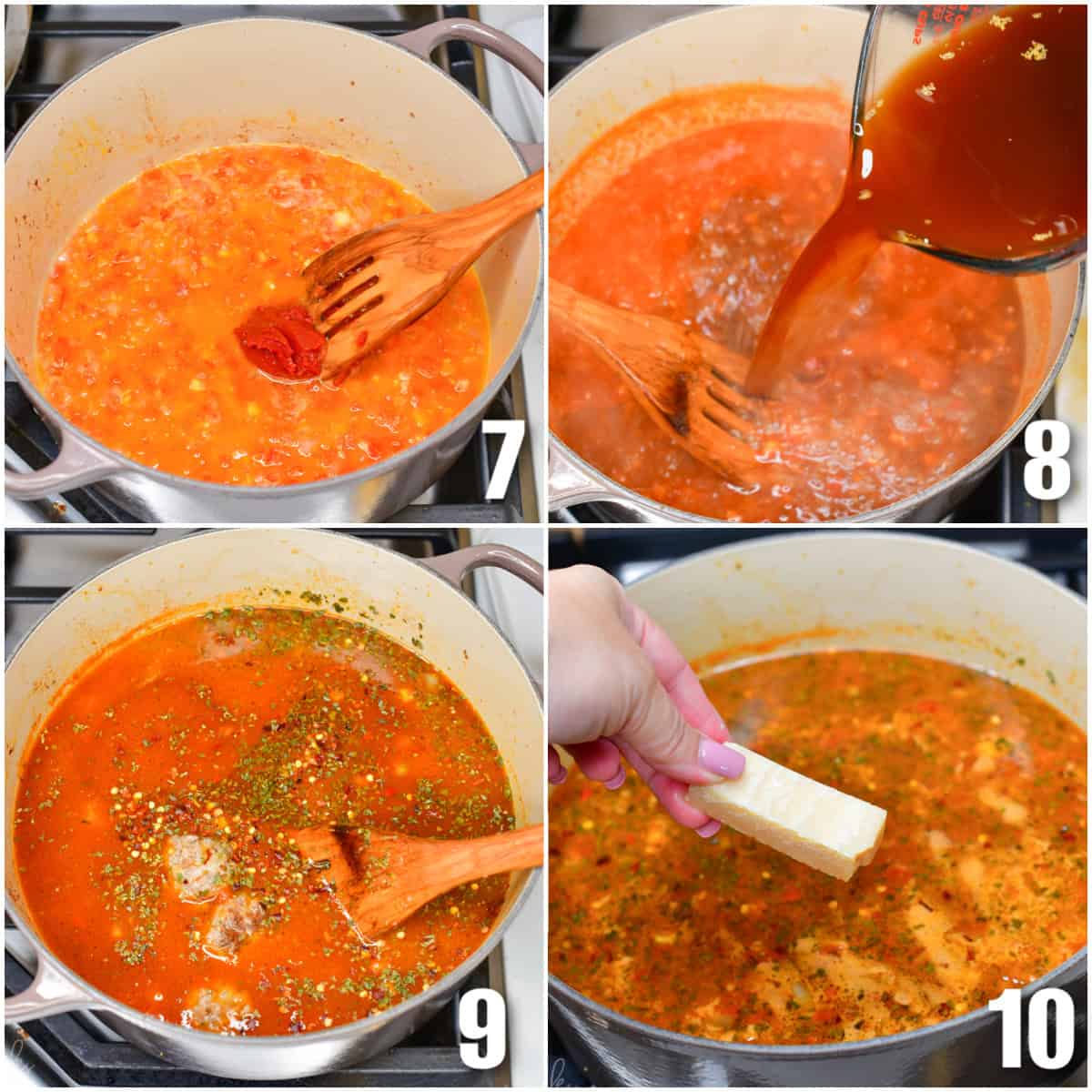 collage of four images of cooking soup by adding broth, meatballs, seasoning and parmesan rind.