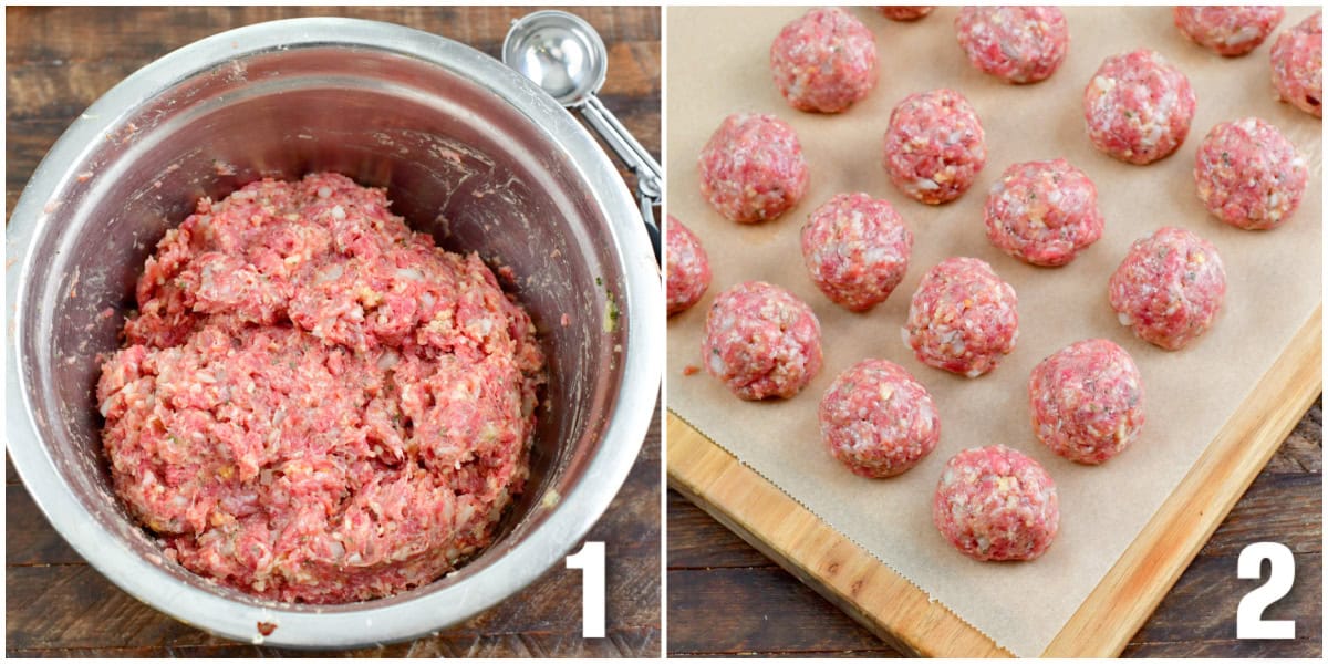 collage of two images of meatball mixture in a bowl and rolled meatballs.