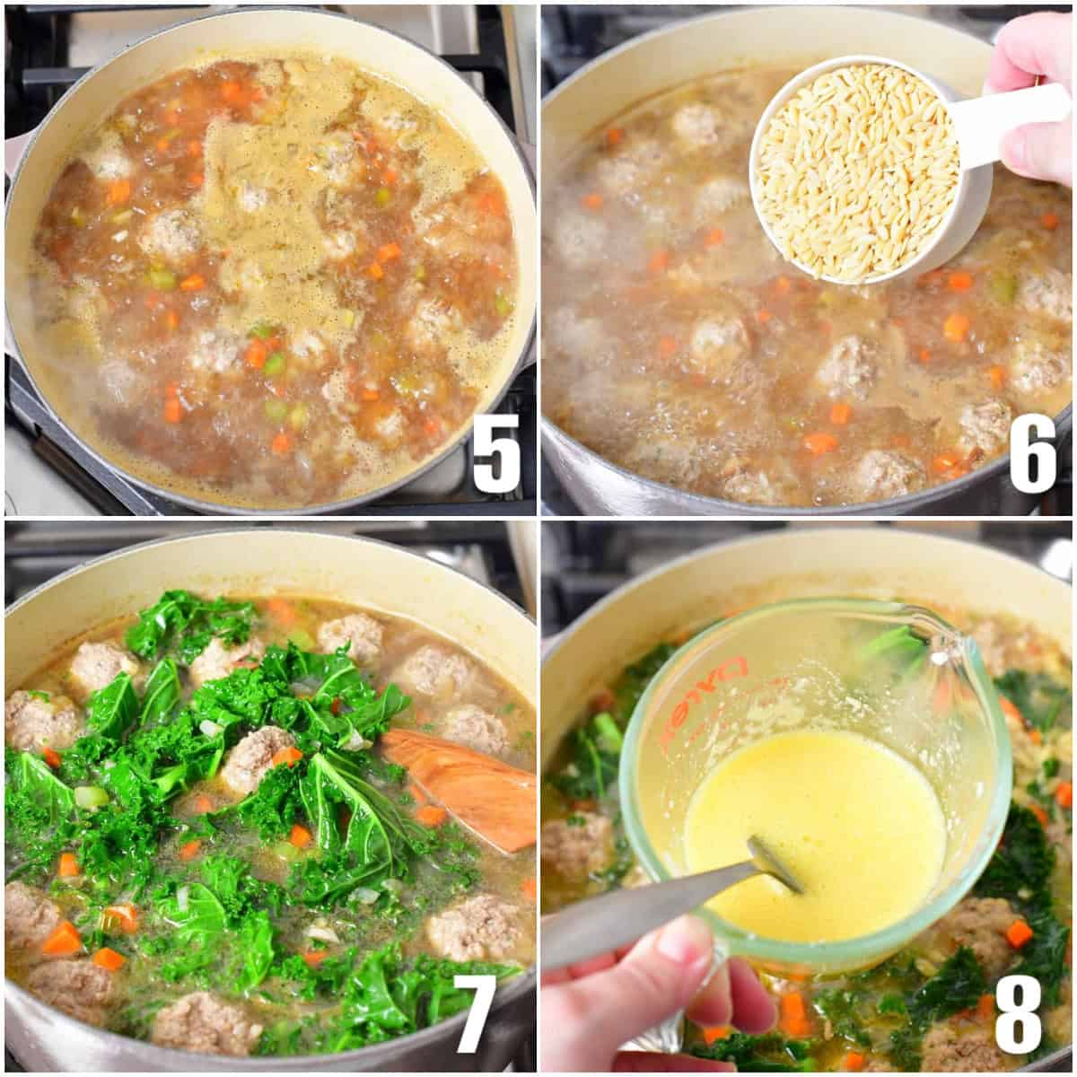 collage of four images of cooking meatballs in broth, adding orzo, adding kale and mixing egg mixture.