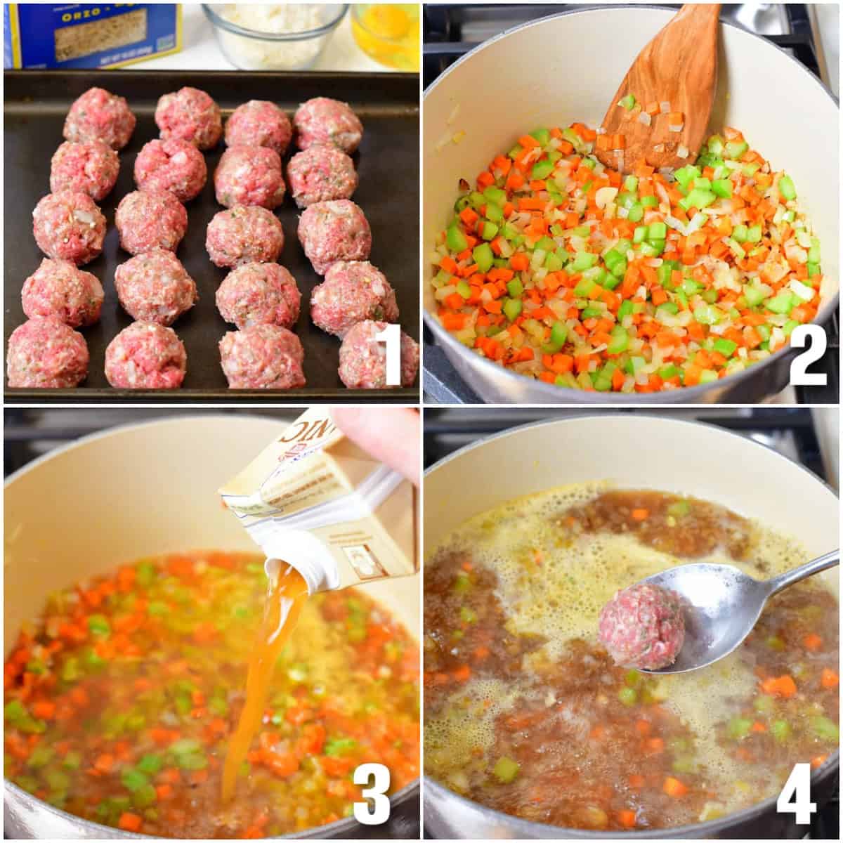 collage of four images of making meatballs and cooking veggies and broth.