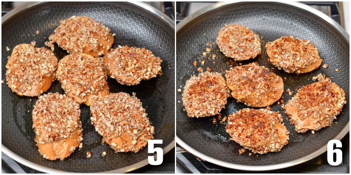 Collage of two images of cooking French toast in a pan.