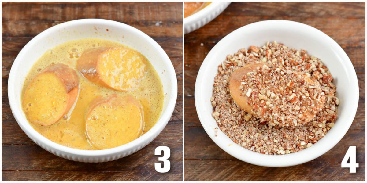 Collage of two images of adding bread slices to the egg mixture and then to the pecans.