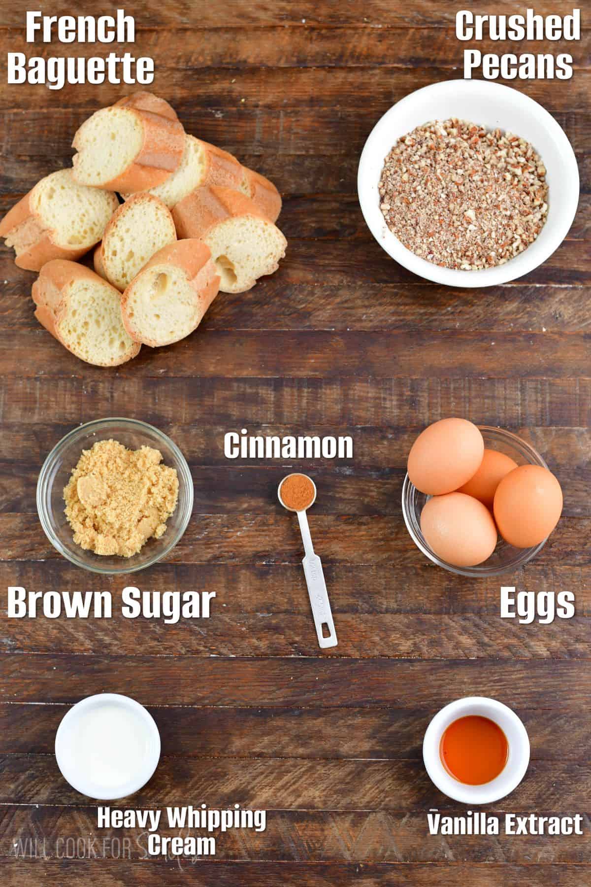 labeled ingredients to make pecan crusted French toast on wooden background.