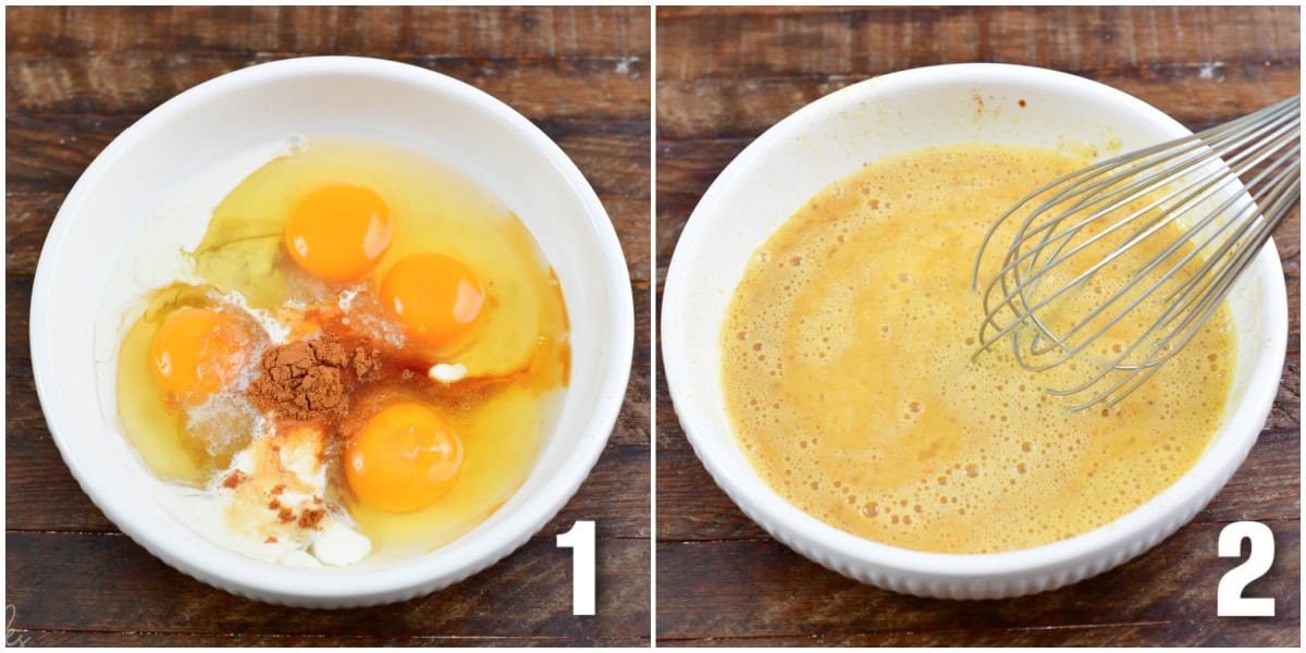 Collage of two images of making egg mixture for French toast.