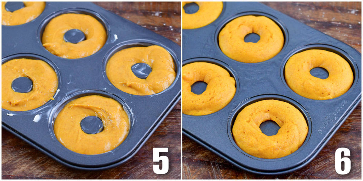 Collage of two images with pumpkin donuts before and after baking.