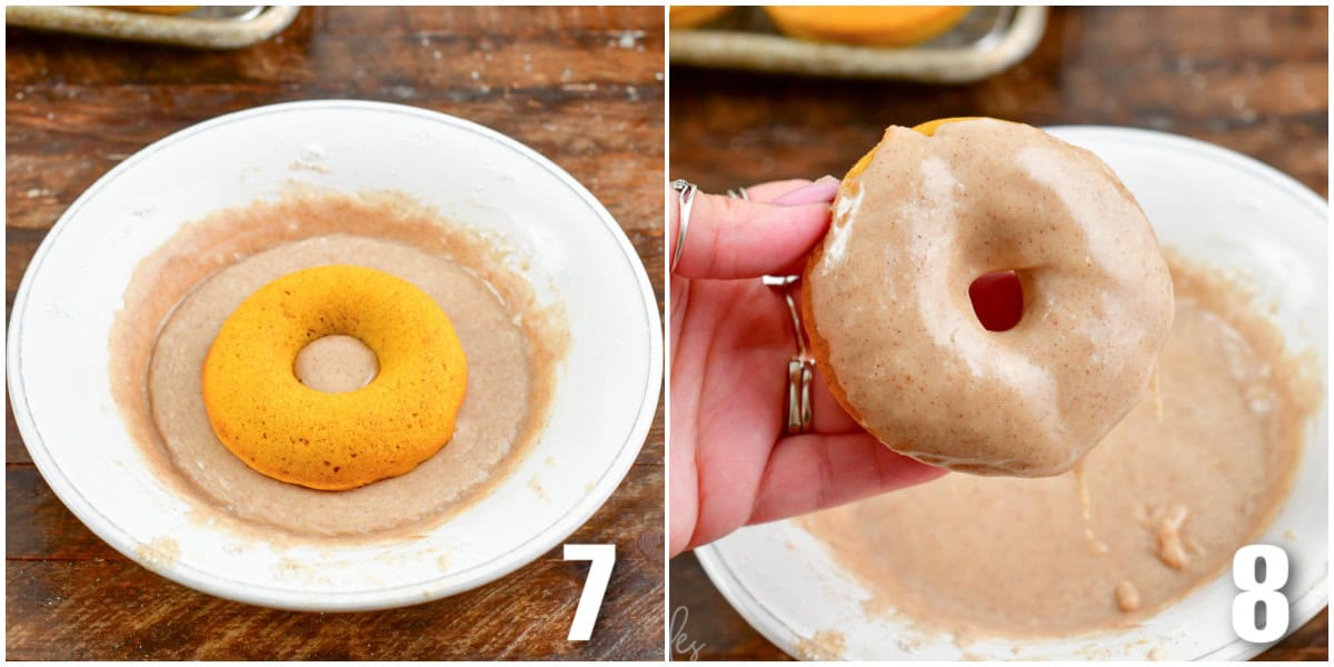 Collage of two images of dipping donuts in glaze a bowl of glaze.