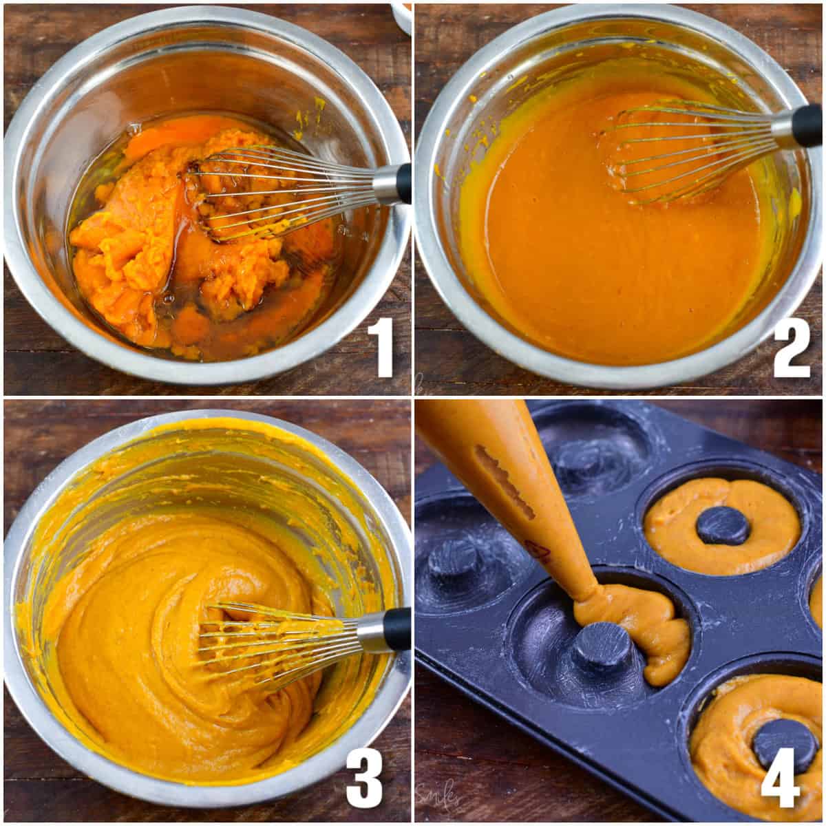 collage of four images of or mixing batter for pumpkin donuts and adding it to donut pan.