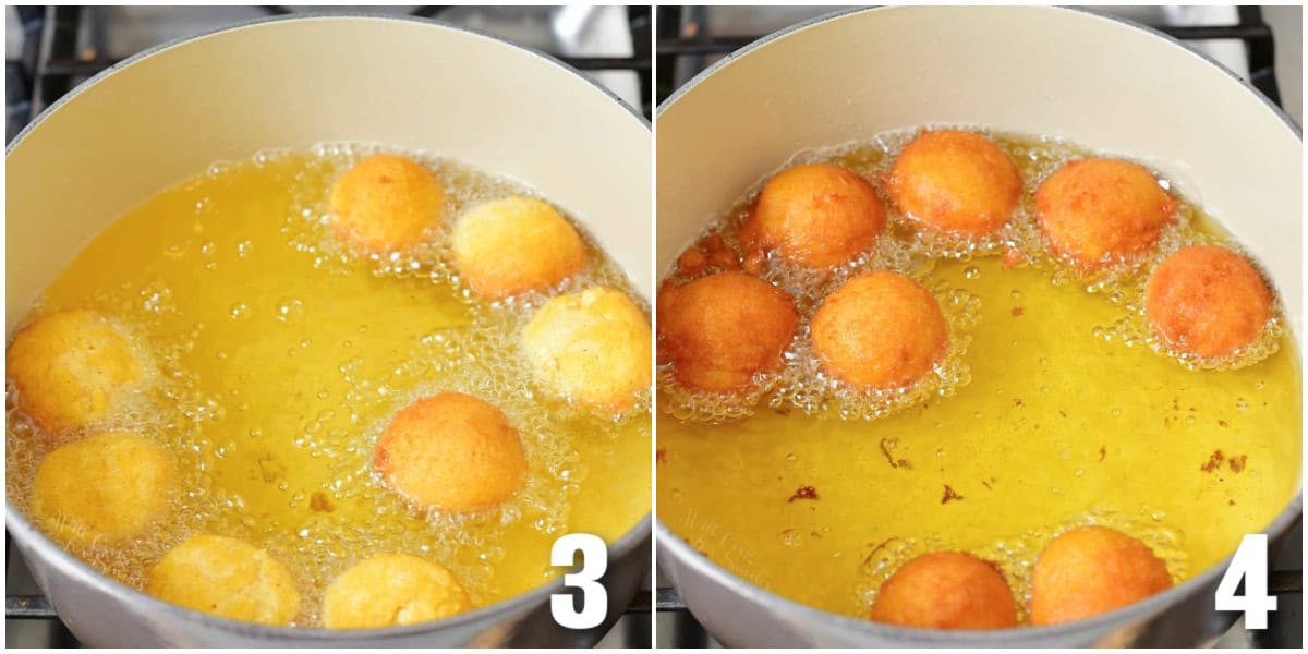 collage of two images of pumpkin donut holes cooking in oil in different stages.