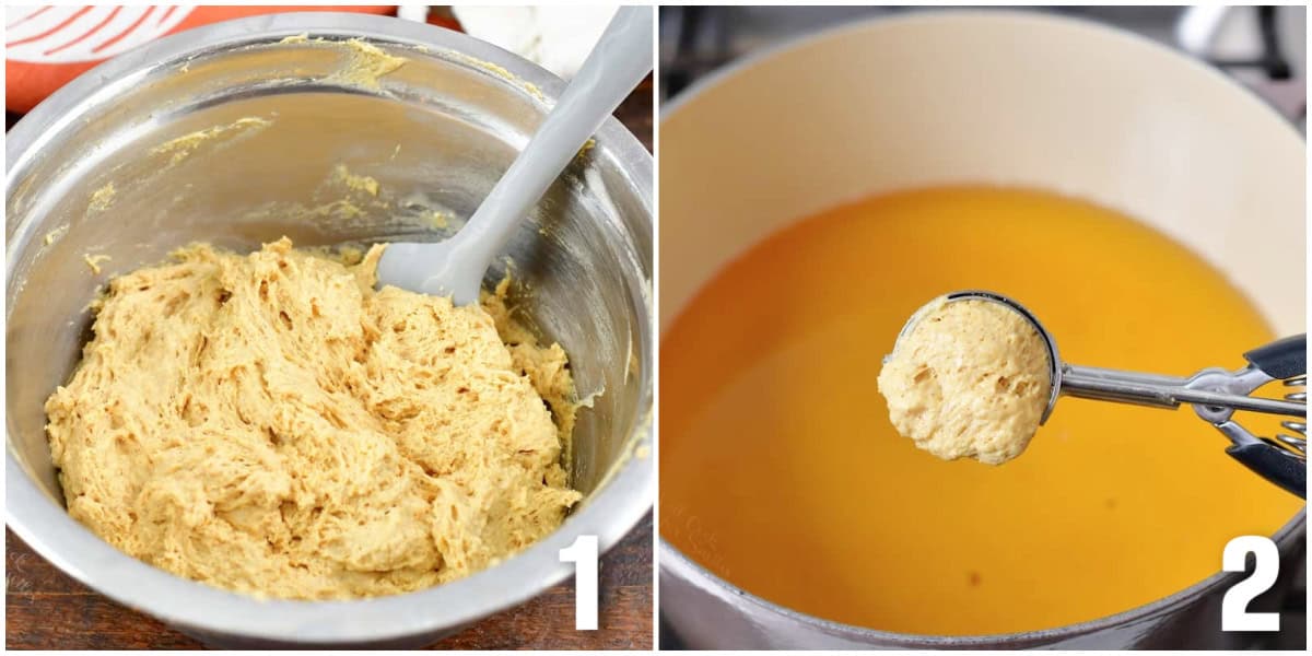 collage of two images of pumpkin donut holes batter and scooping into oil.