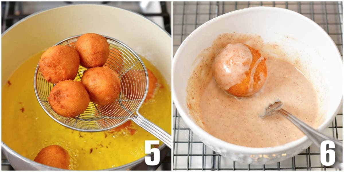 collage of two images of taking pumpkin donut holes out of oil and coating in glaze.