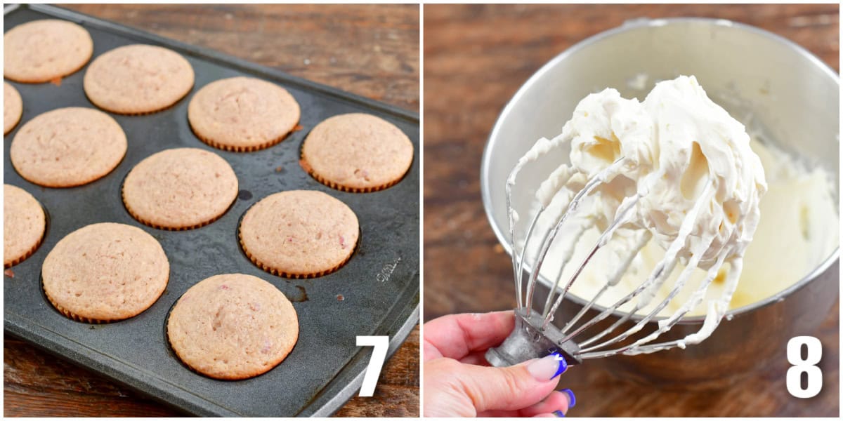 Collage of two images of strawberry cupcakes cooked in the cupcake tin and frosting on a beater.