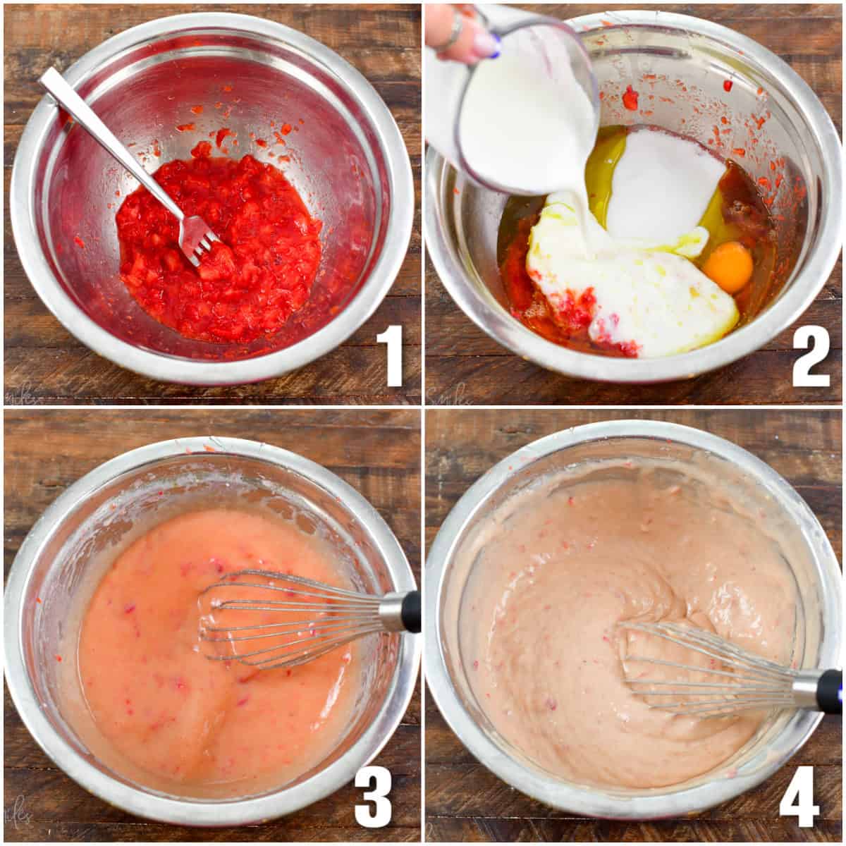 collage of four images of batter for strawberry cupcakes in a metal bowl.