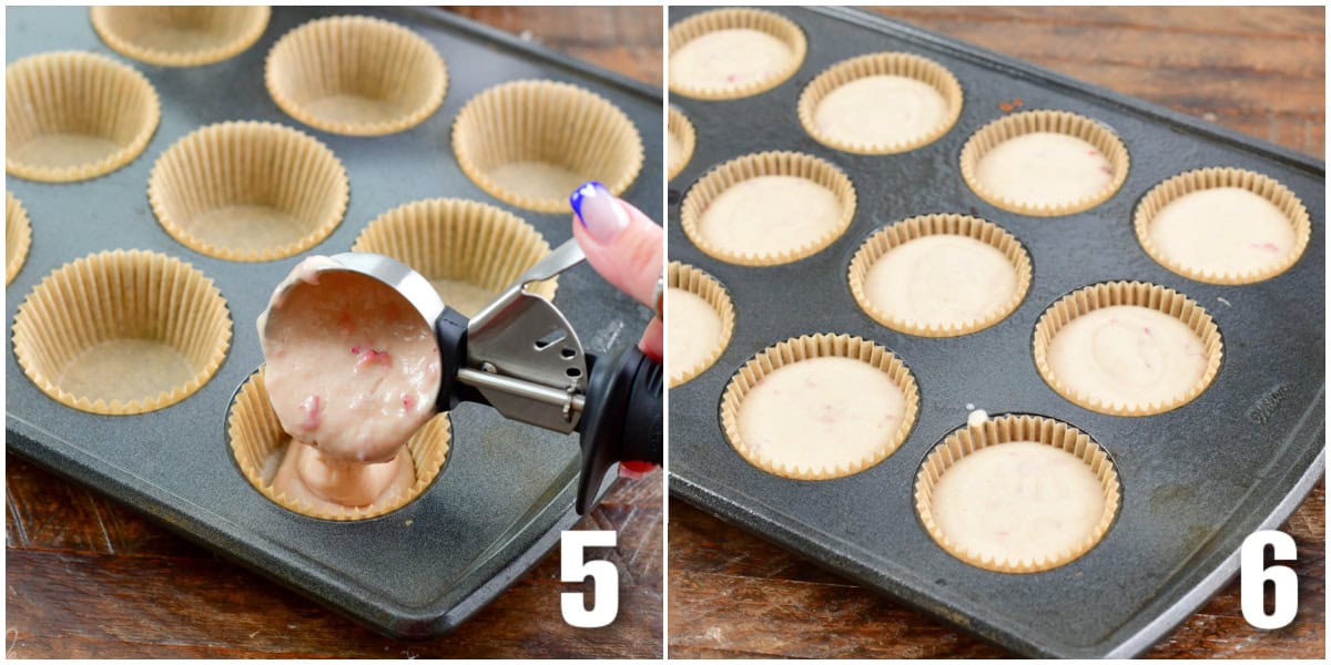 Collage of two images of adding strawberry cupcake batter to cupcake pan with an ice cream scoop and cupcake pan filled with all the batter.