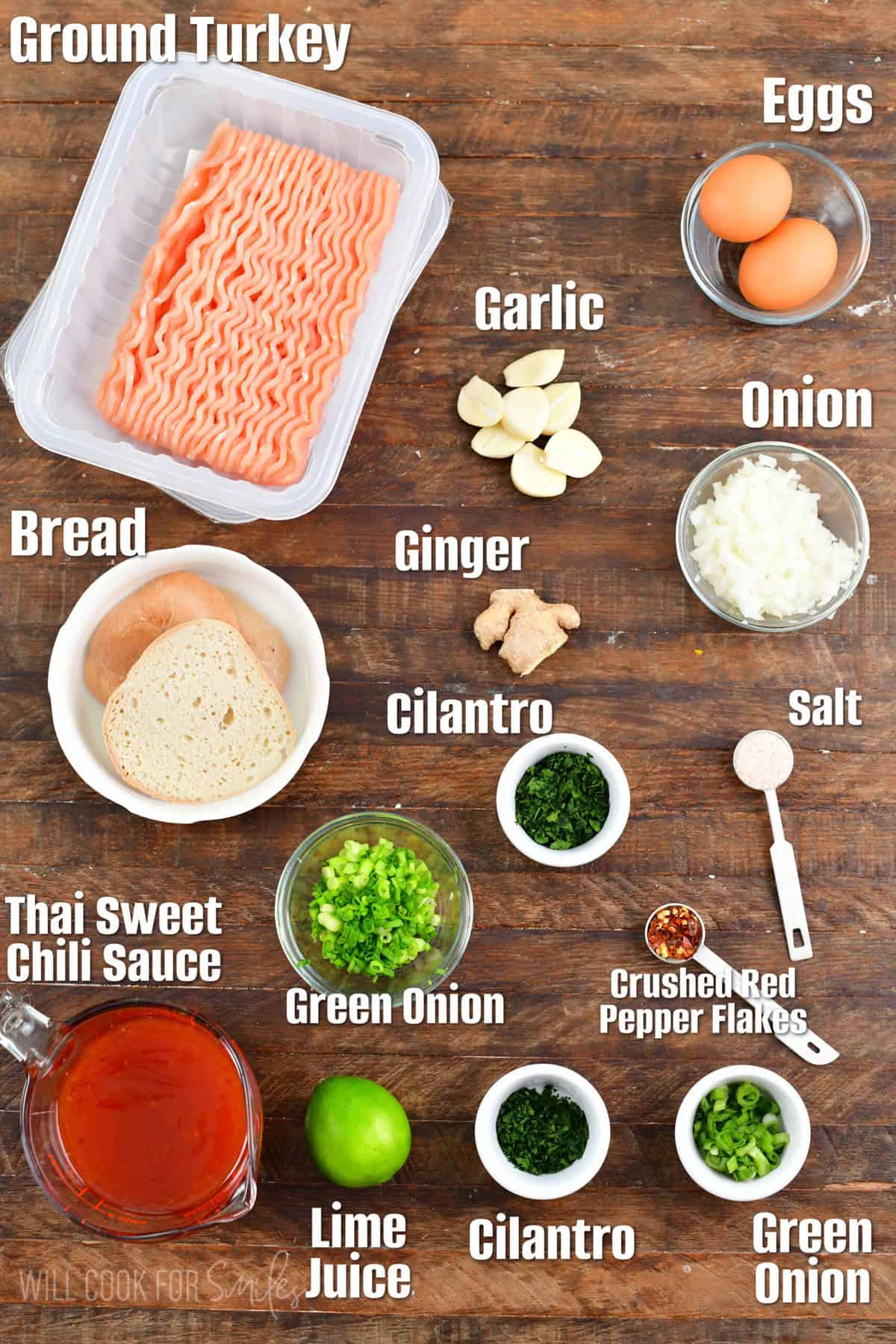 labeled ingredients for Thai Sweet Chili meatballs on a wood surface,