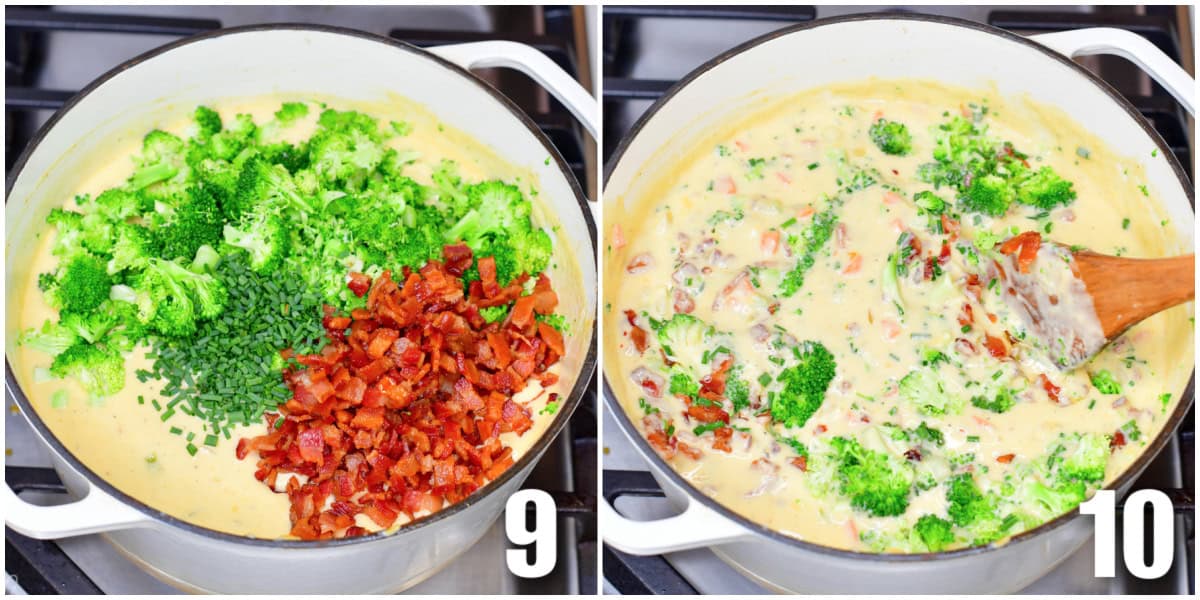 collage of two images adding in the bacon and broccoli to the pot of soup and stirring with a wooden spoon.