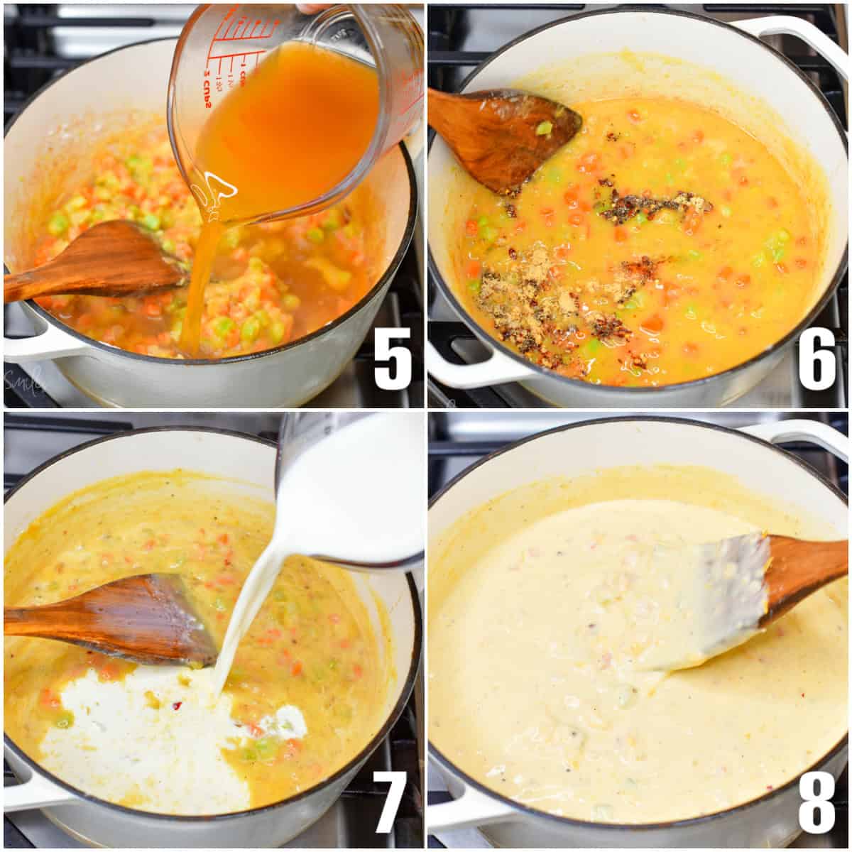 Collage of four images of adding in the stock, cream and cheese then stirring it together.