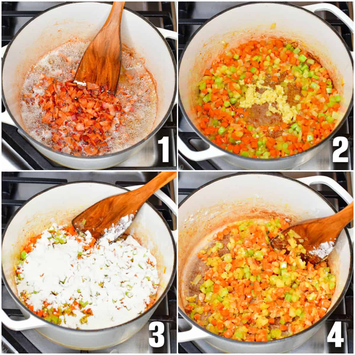 Collage of four images of cooking bacon and veggies in a pot and then adding and stirring in flour.