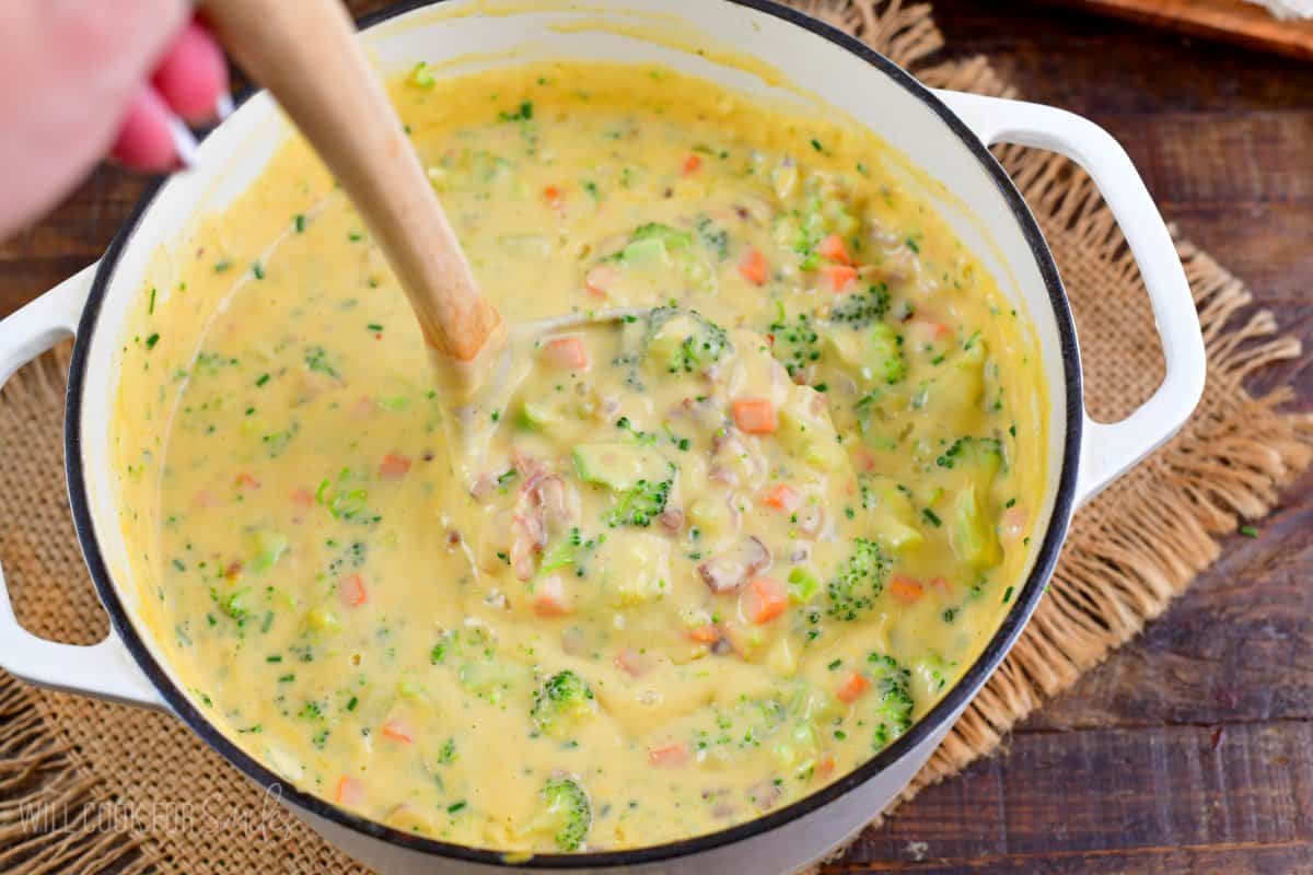 Bacon Broccoli Cheese Soup in a pot with ladle lifting some of the soup.