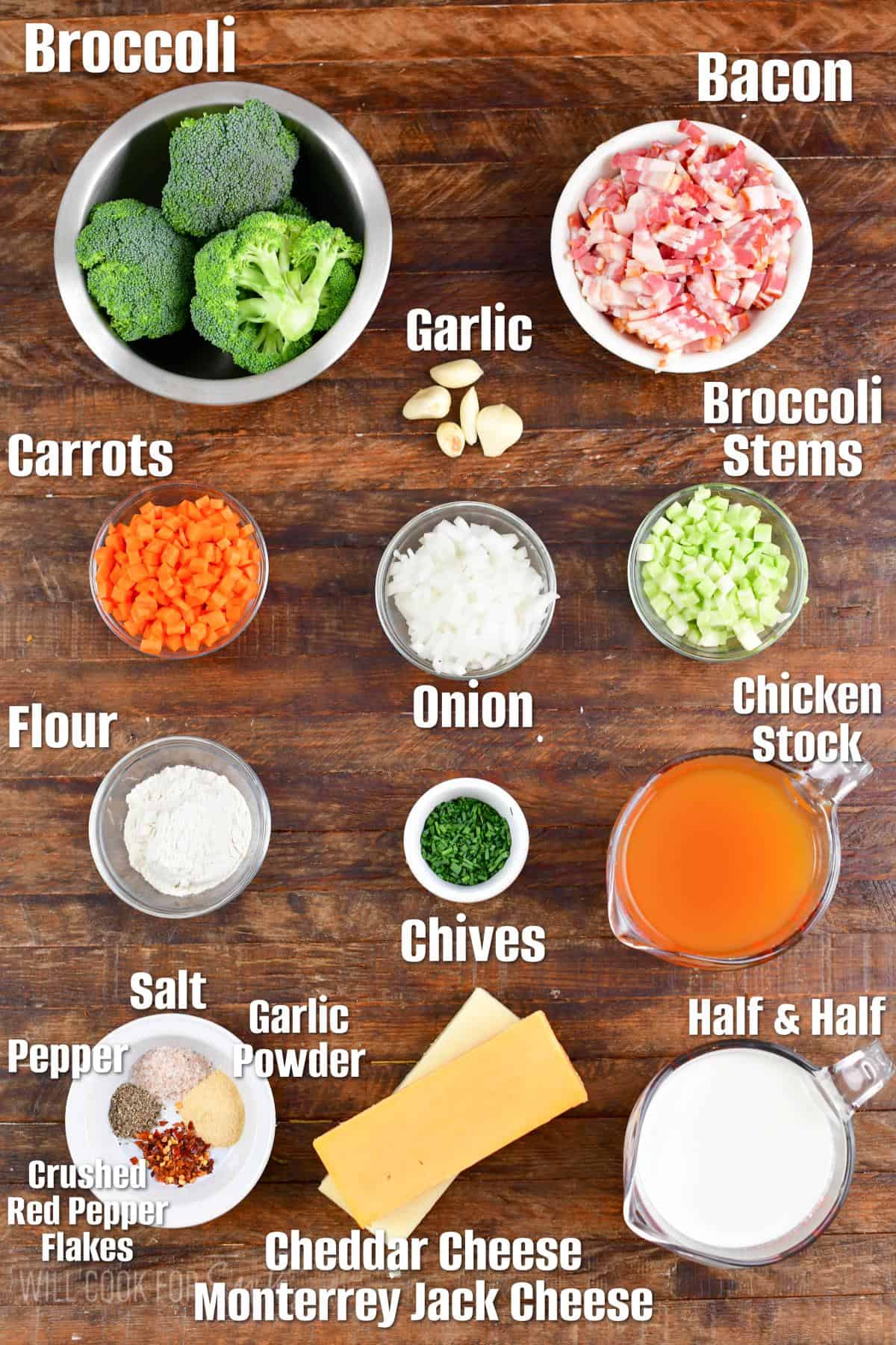 Labeled ingredients for Bacon Broccoli Cheese soup on a wood surface.